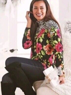 Susan Graver Floral Mock Neck Long-Sleeve Top - Black/Pink
